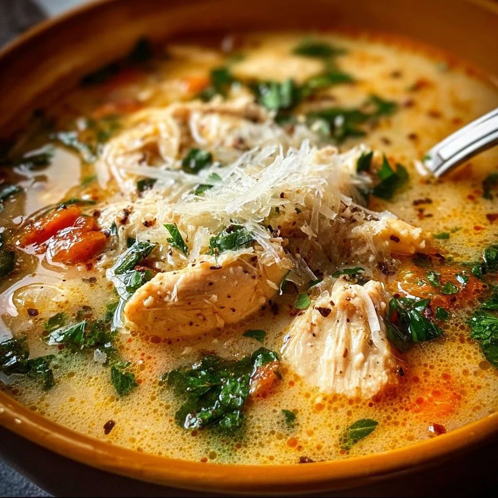 Crock Pot Chicken Parmesan Soup served in a bowl garnished with basil.