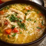 Crock Pot Chicken Rice Soup in a bowl garnished with herbs and spices