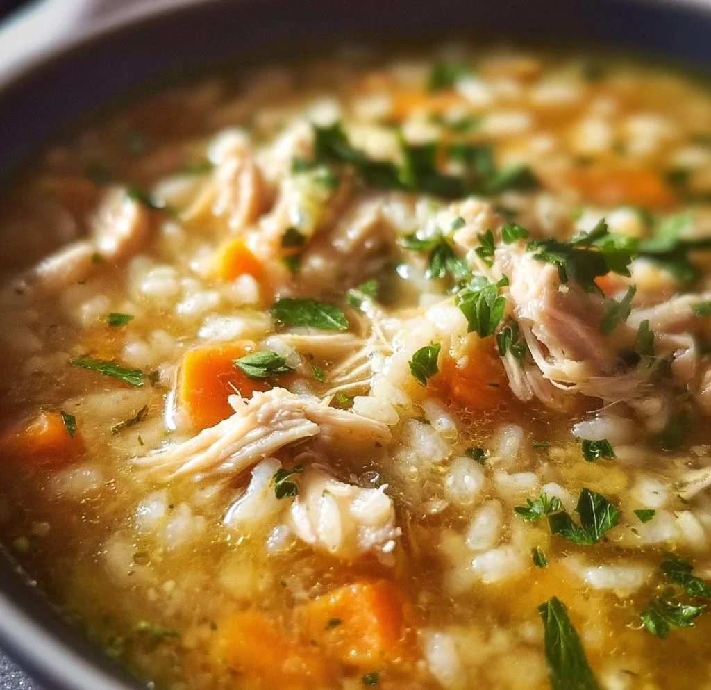 A bowl of Crock Pot Chicken Rice Soup garnished with herbs.