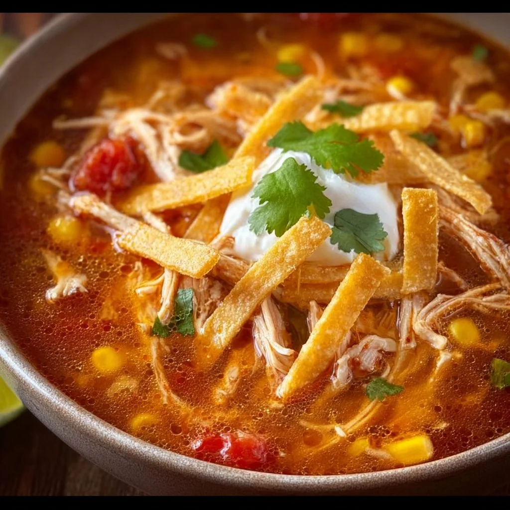 Delicious Crock Pot Chicken Tortilla Soup served in a bowl with tortilla strips and toppings.