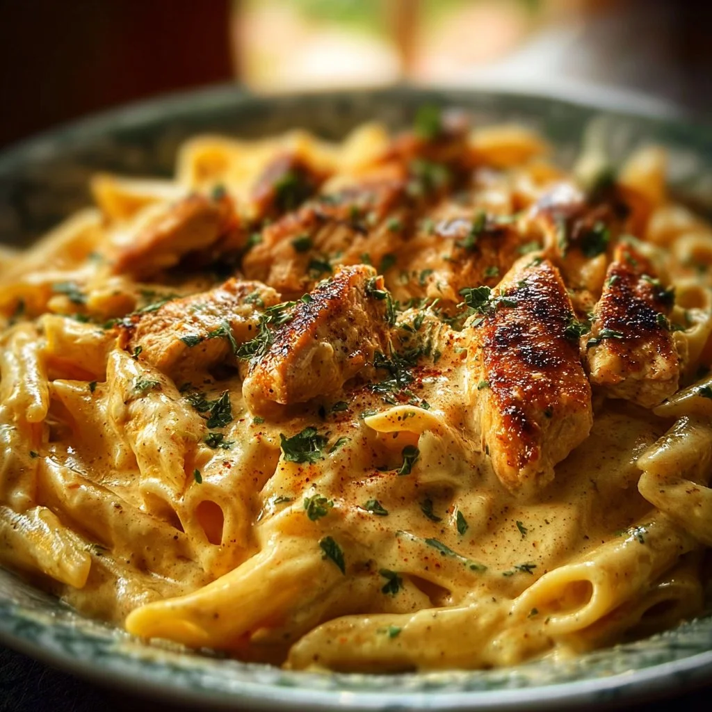 Crock Pot Creamy Cajun Chicken Pasta served in a bowl with fresh herbs