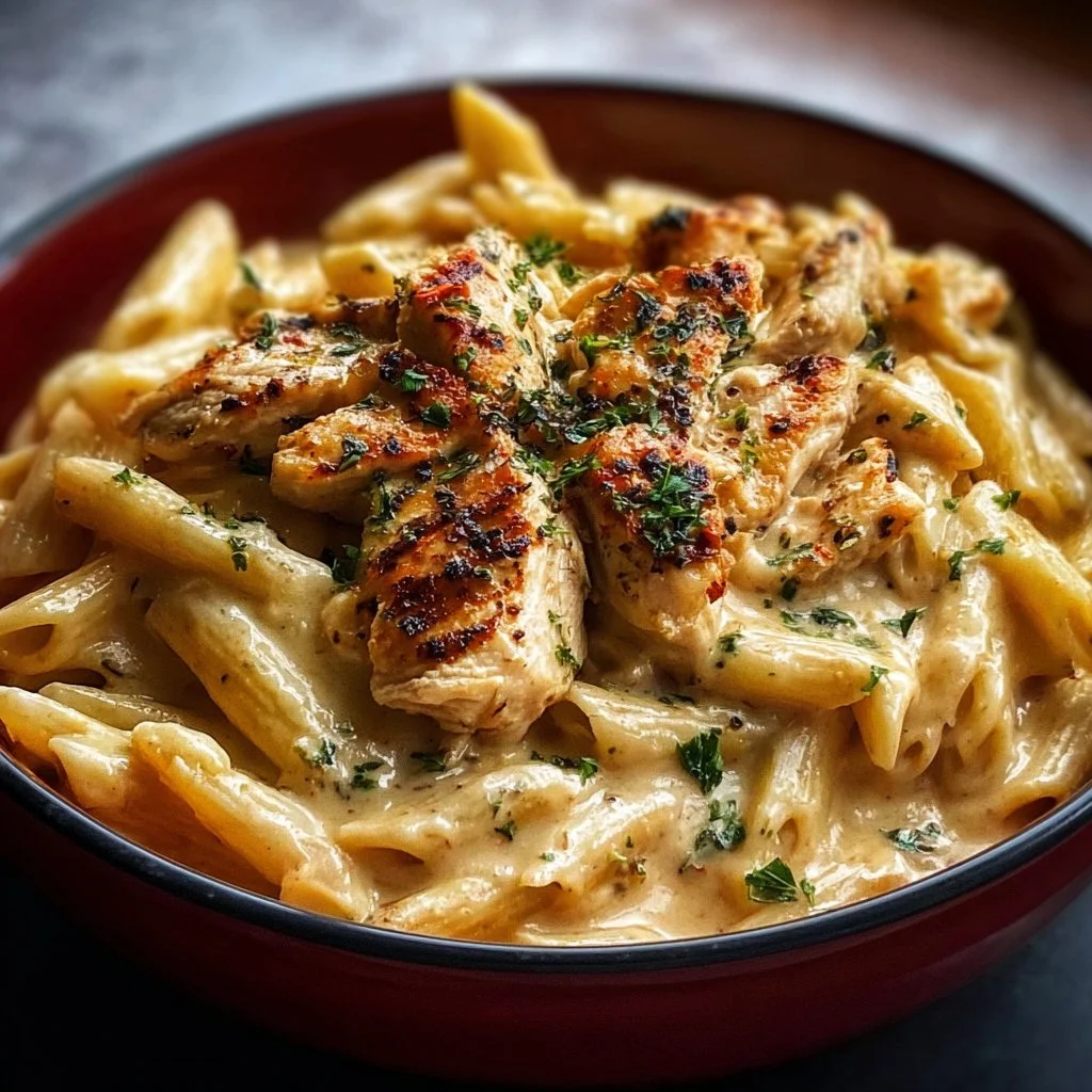 Bowl of Crock Pot Creamy Cajun Chicken Pasta with vibrant colors and herbs