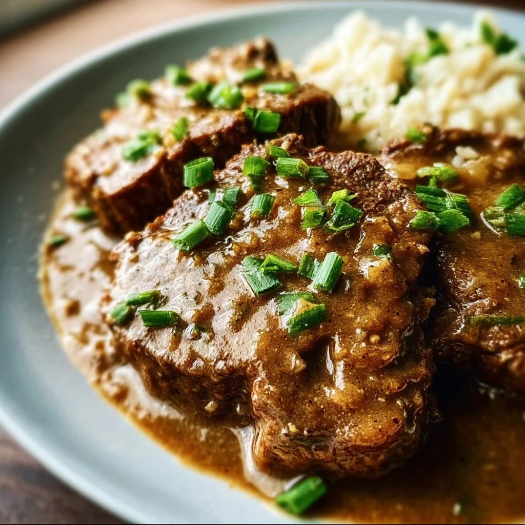 Delicious crock pot cube steak with rich gravy served with mashed potatoes