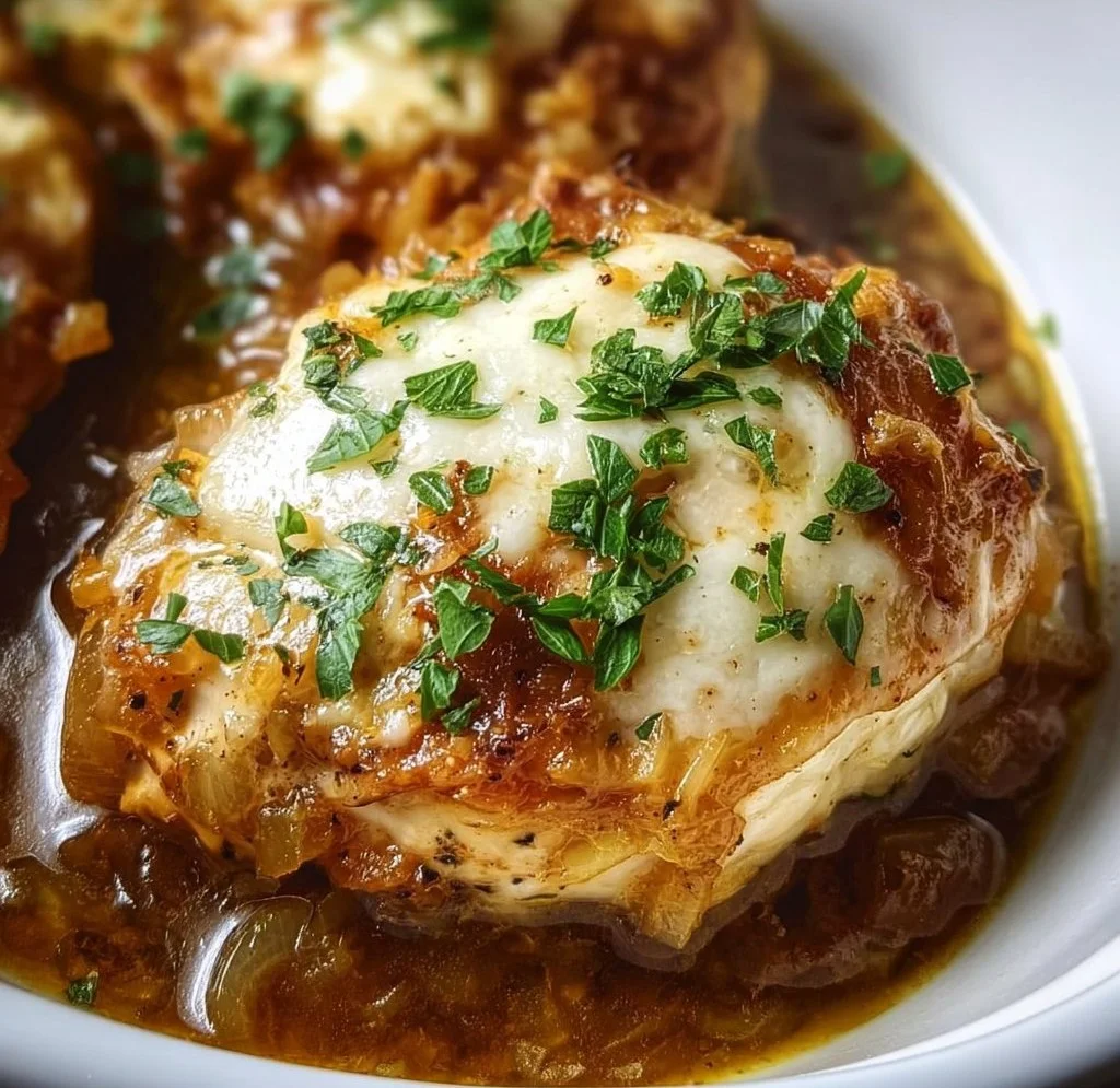 Crock Pot French Onion Chicken served with melted cheese and caramelized onions