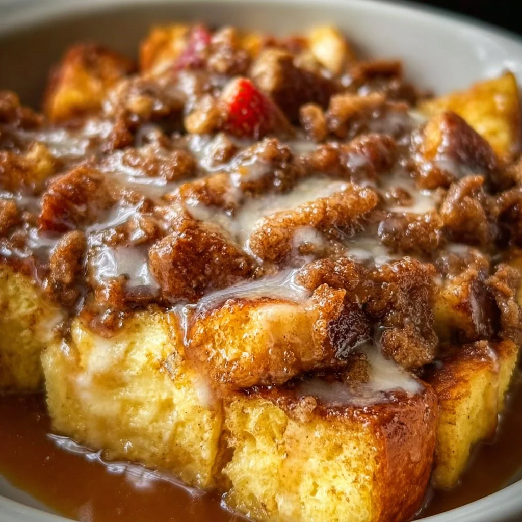 Crock Pot French Toast Casserole served in a traditional dish with syrup and berries
