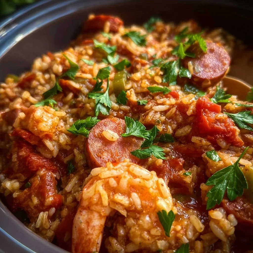 Delicious bowl of Crock Pot Jambalaya with shrimp, sausage, and vegetables