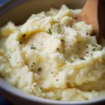 Crock Pot Mashed Potatoes dish ready to serve on a dinner table.