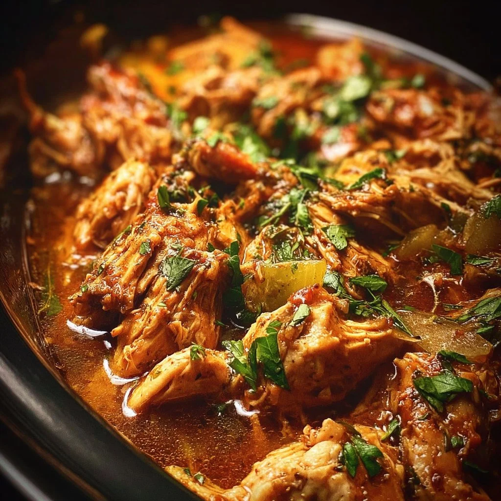 Crock Pot Mississippi Chicken served on a plate with herbs and sides