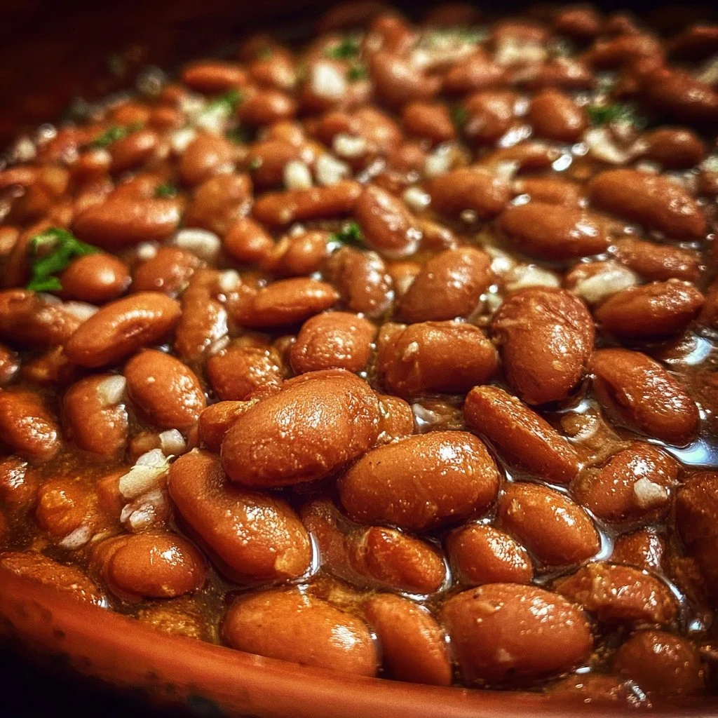 Crock pot pinto beans simmering in a slow cooker