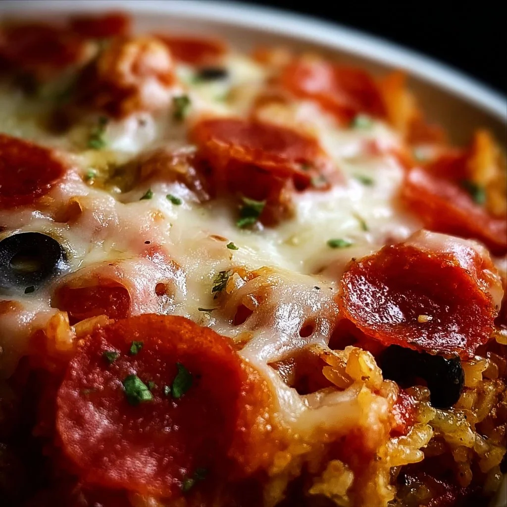 Delicious Crock Pot pizza casserole topped with cheese and pepperoni