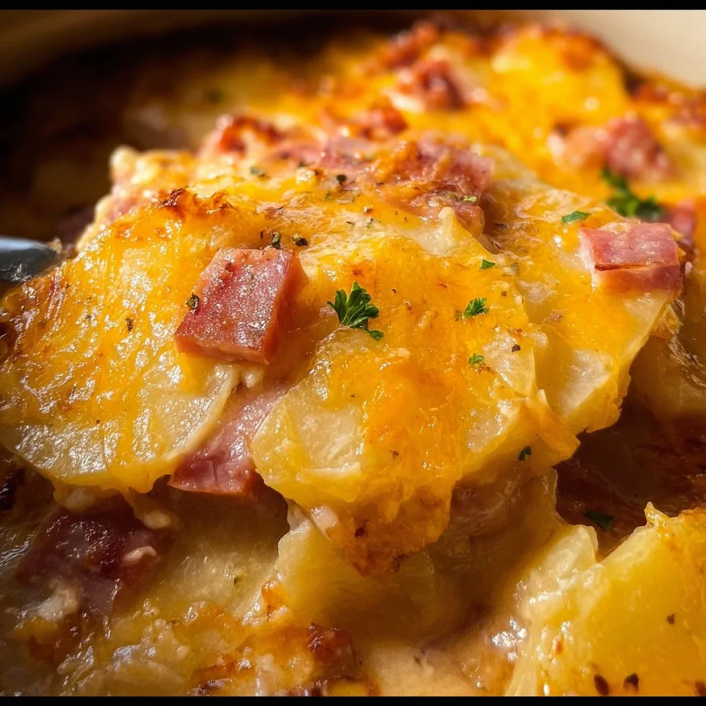 Crock pot scalloped potatoes and ham served in a bowl, garnished with herbs.