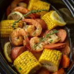 Crock Pot shrimp boil with shrimp, corn, and potatoes in a flavorful broth