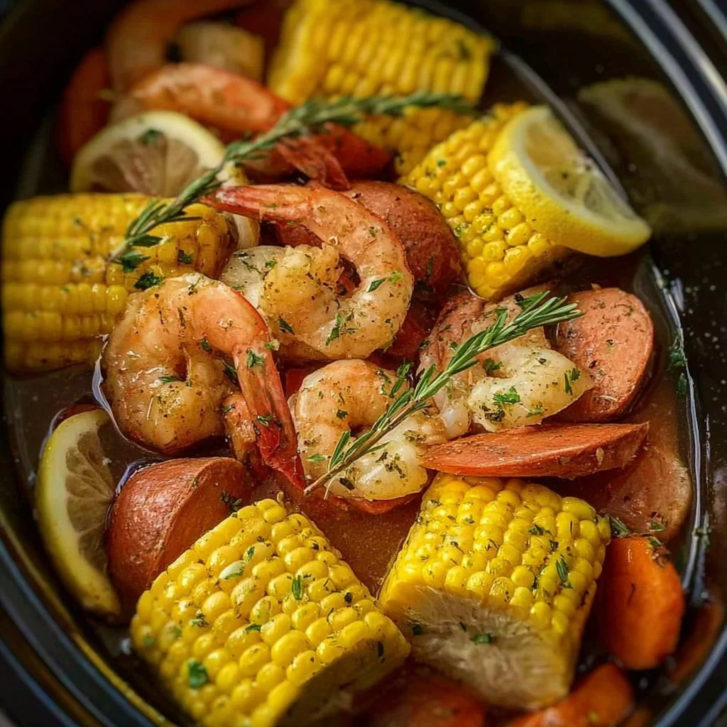 Crock Pot shrimp boil with shrimp, corn, and potatoes in a flavorful broth