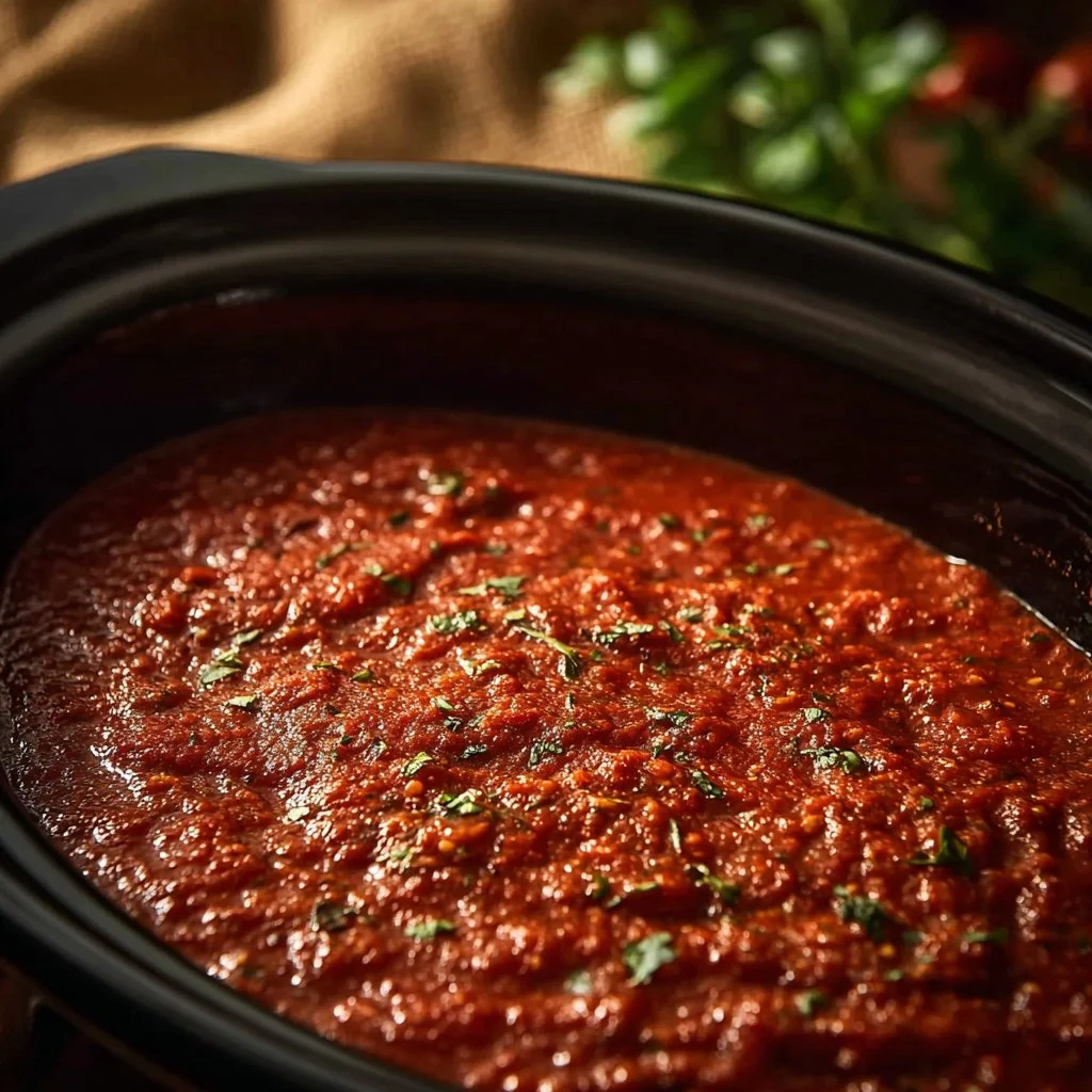 Delicious Crock Pot spaghetti sauce simmering in a slow cooker