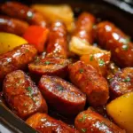 Crock Pot Sweet Sausage dish cooking in slow cooker with vibrant ingredients