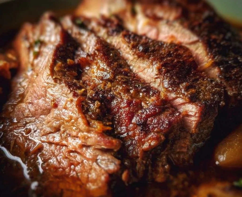 Crock Pot tri tip seasoned and ready to be served on a plate.