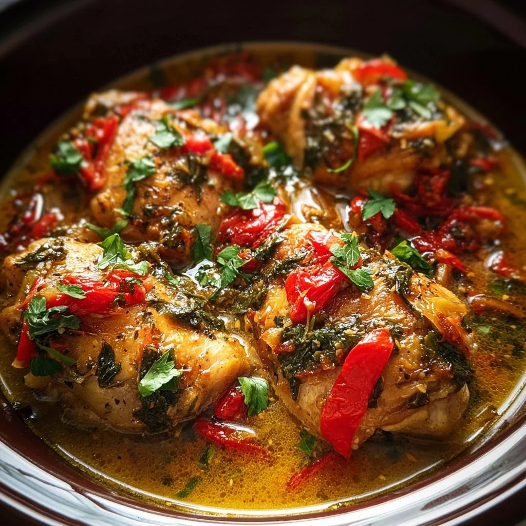 Delicious Crock-Pot Tuscan chicken thighs served with fresh herbs and vegetables.