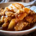 Delicious CrockPot apple cobbler served with vanilla ice cream