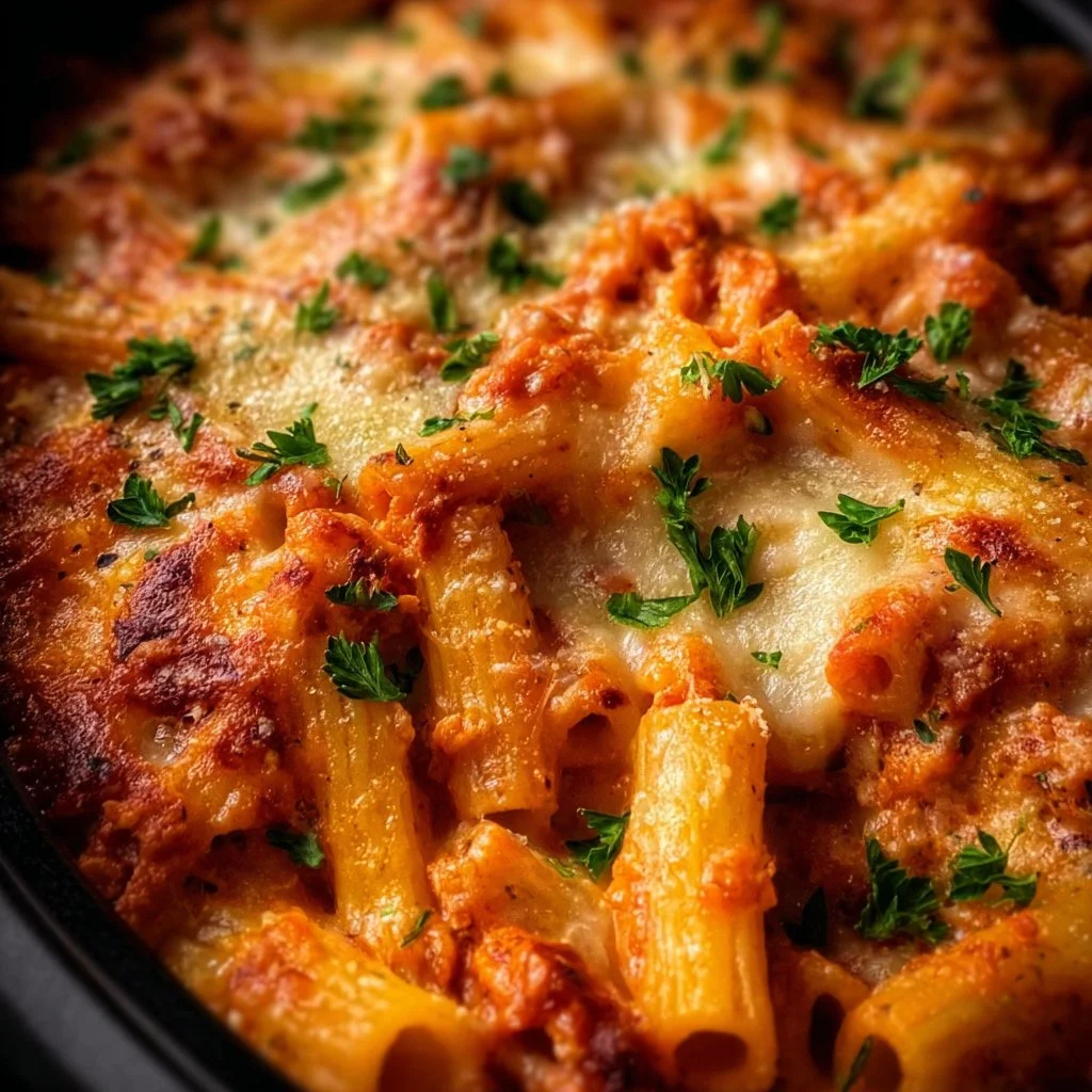 Crockpot baked ziti served in a bowl with melted cheese and herbs