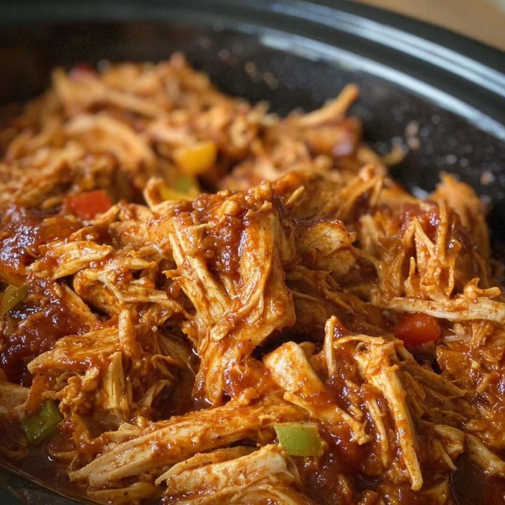 Delicious Crockpot BBQ Pulled Chicken served in a sandwich