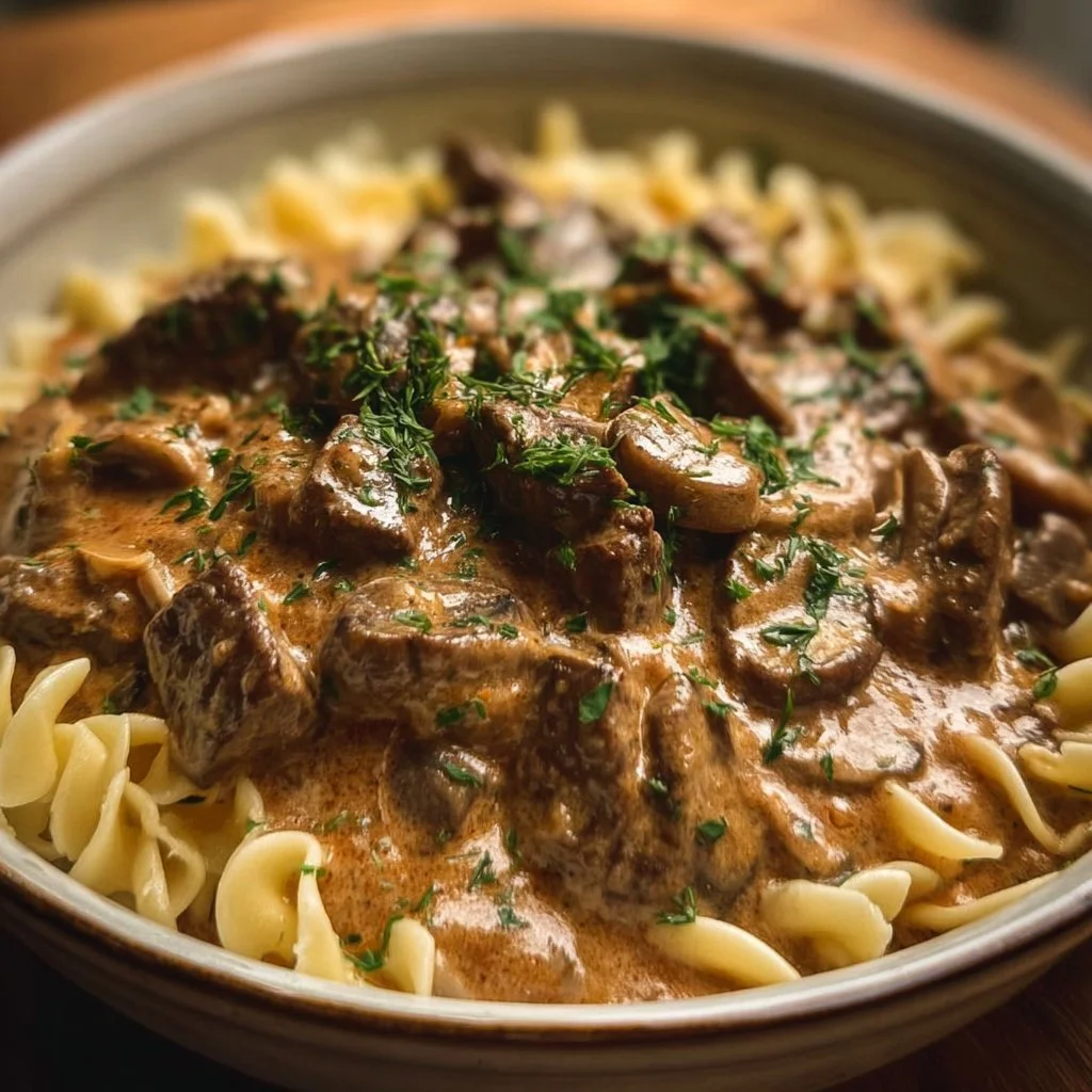 Crockpot Beef Stroganoff served in a bowl with noodles and garnished with parsley