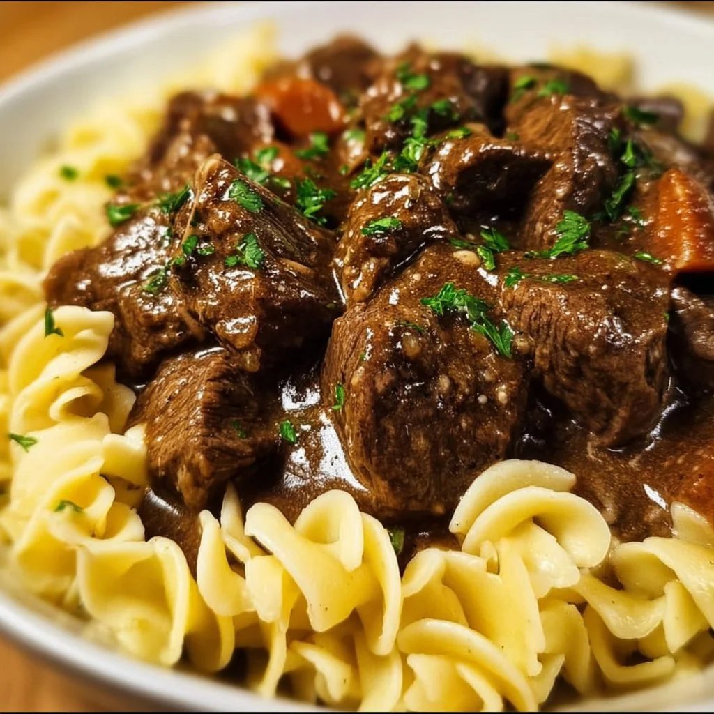 Delicious crockpot beef tips and noodles served in a bowl.