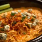 Delicious Crockpot Buffalo Chicken Dip served with tortilla chips