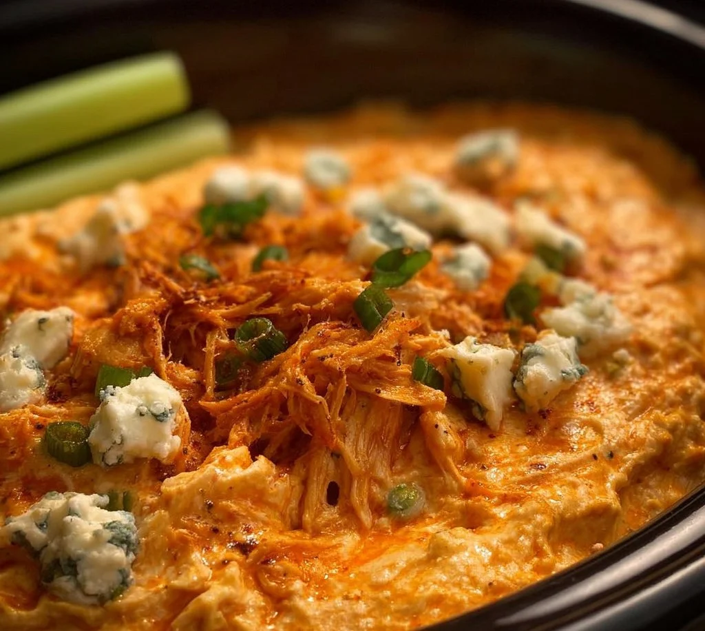Delicious Crockpot Buffalo Chicken Dip served with tortilla chips