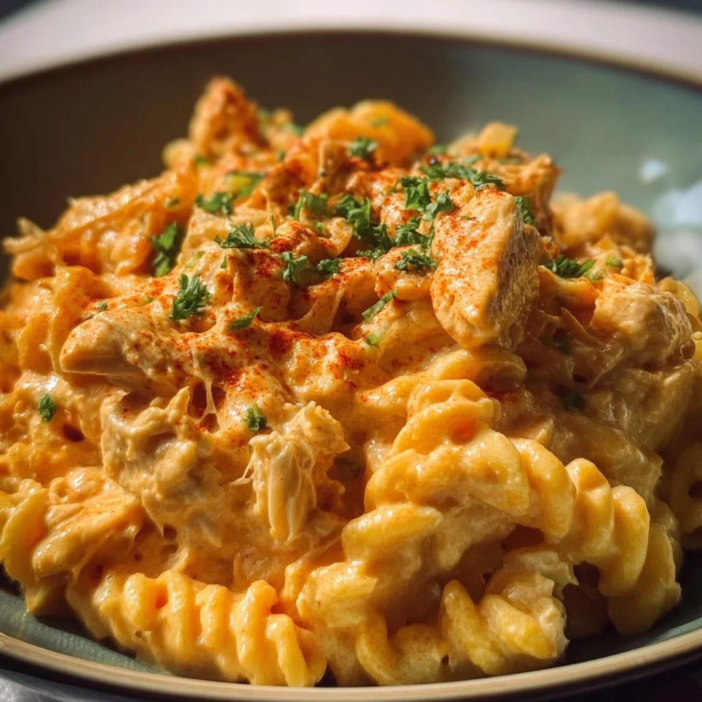 Crockpot Buffalo Chicken Macaroni and Cheese dish served in a bowl