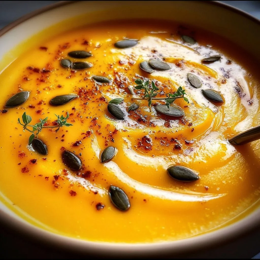 Crockpot Butternut Squash Soup in a bowl garnished with herbs