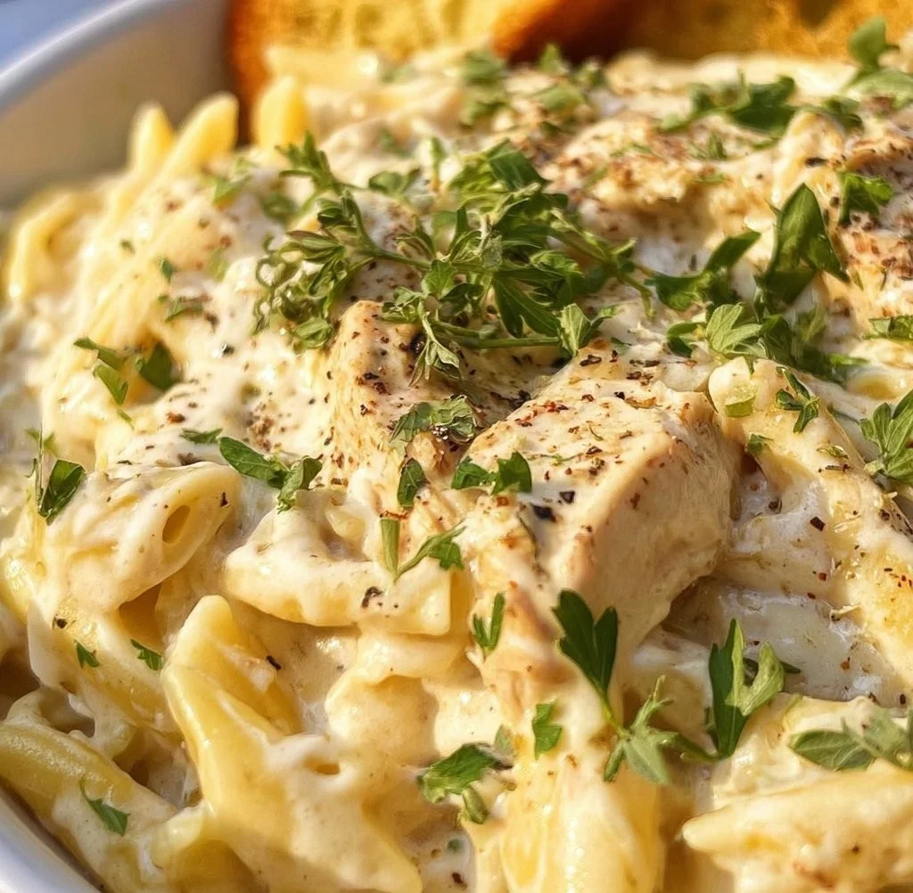 Crockpot Chicken Alfredo with creamy sauce and tender chicken