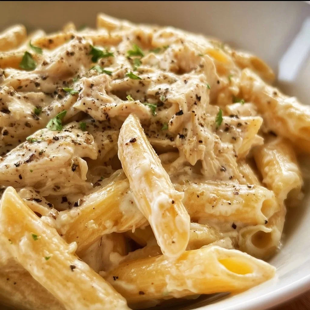 Delicious Crockpot Chicken Alfredo served on a plate with parsley garnish
