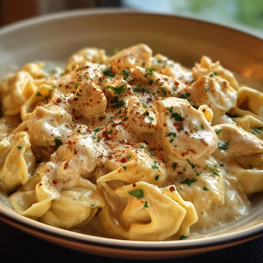 Crockpot Chicken Alfredo Tortellini in a bowl topped with parsley
