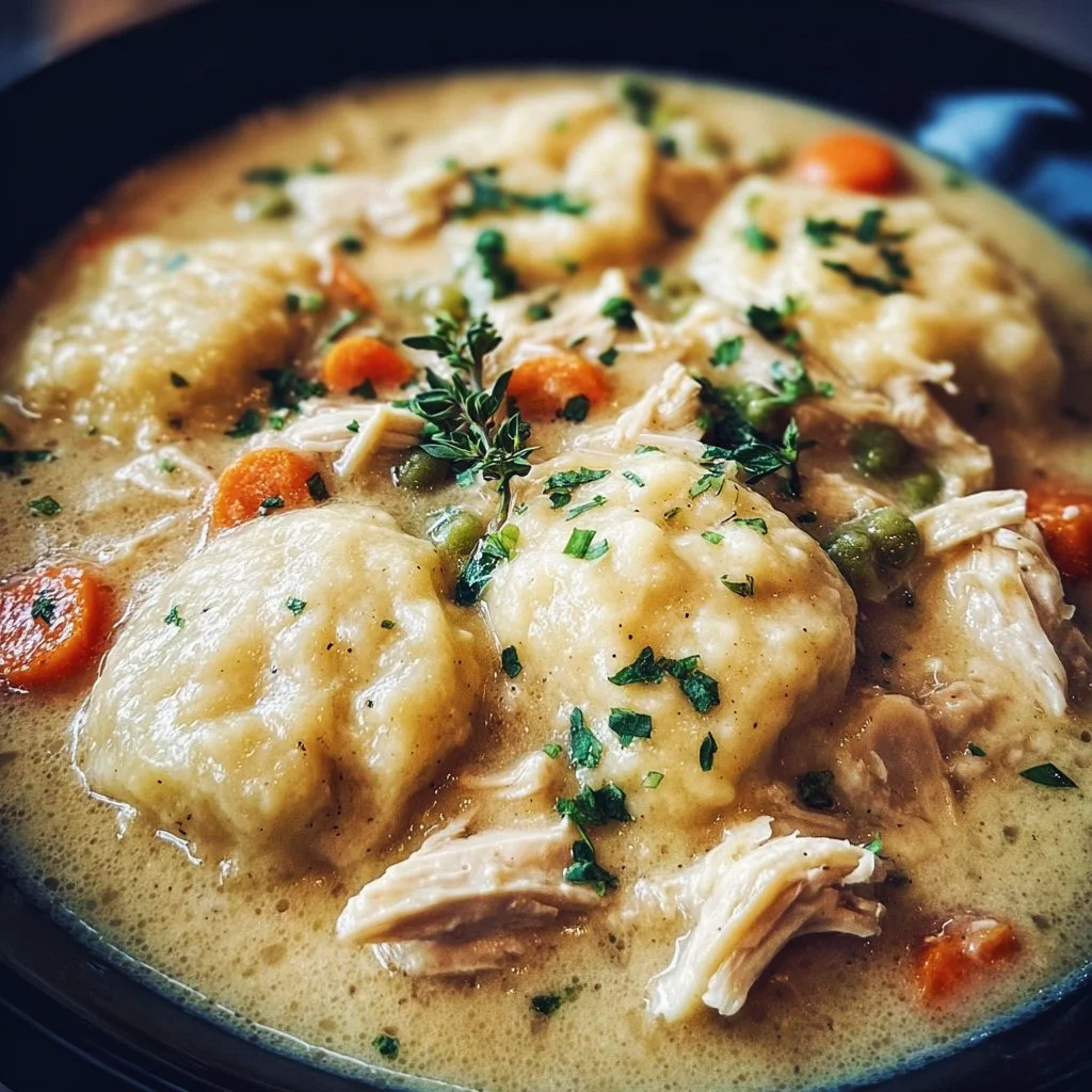 Crockpot Chicken and Dumplings served in a bowl, garnished with herbs.