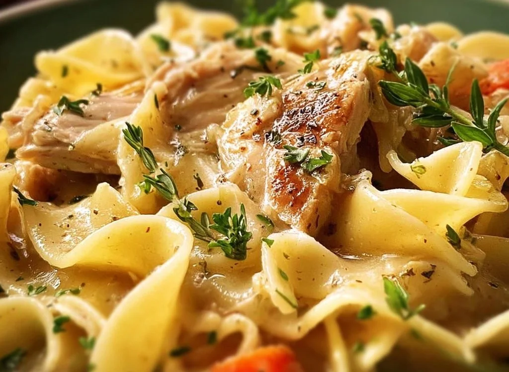 Bowl of Crockpot Chicken and Noodles topped with herbs