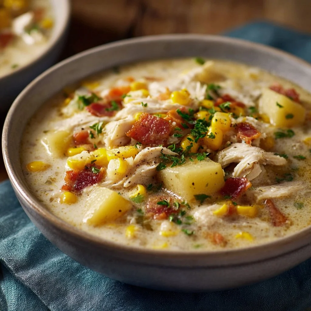 Bowl of creamy crockpot chicken corn chowder topped with fresh herbs.
