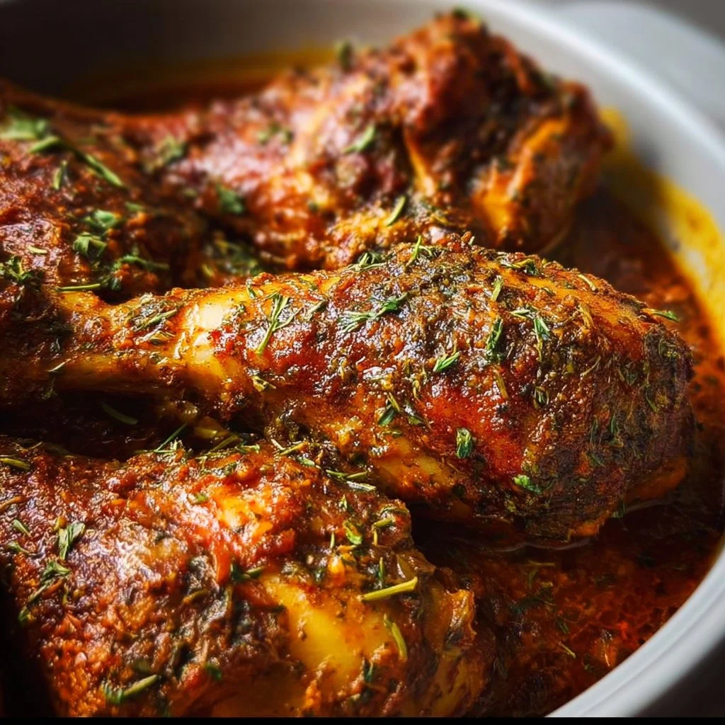 Crockpot Chicken Drumsticks in a rustic bowl with herbs and spices