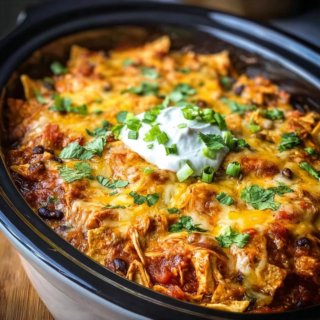 Delicious Crockpot Chicken Enchilada Casserole served on a plate with toppings