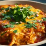 Delicious Crockpot Chicken Enchilada Casserole topped with cheese and fresh cilantro.