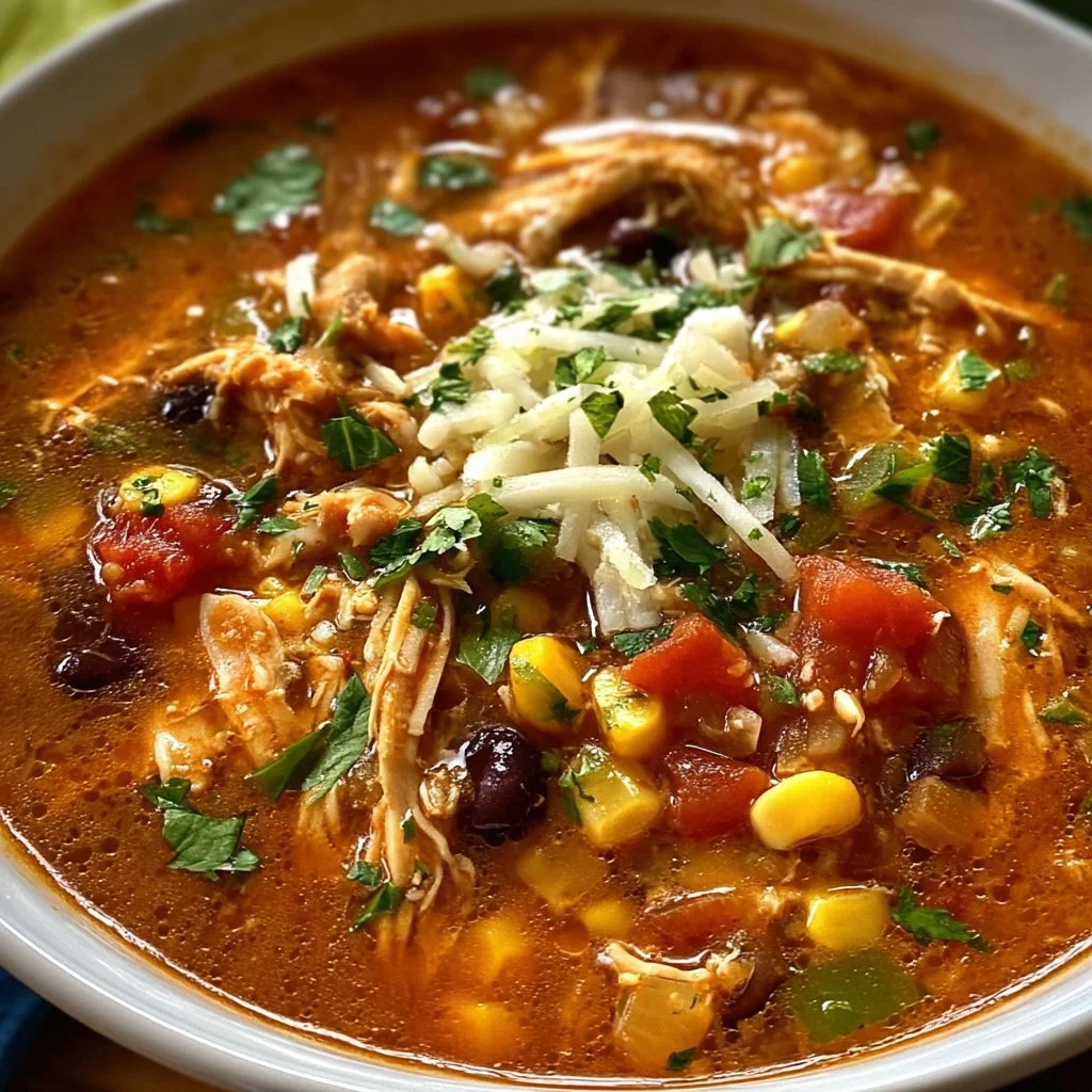 Delicious Crockpot Chicken Enchilada Soup in a bowl, garnished with cilantro and cheese.