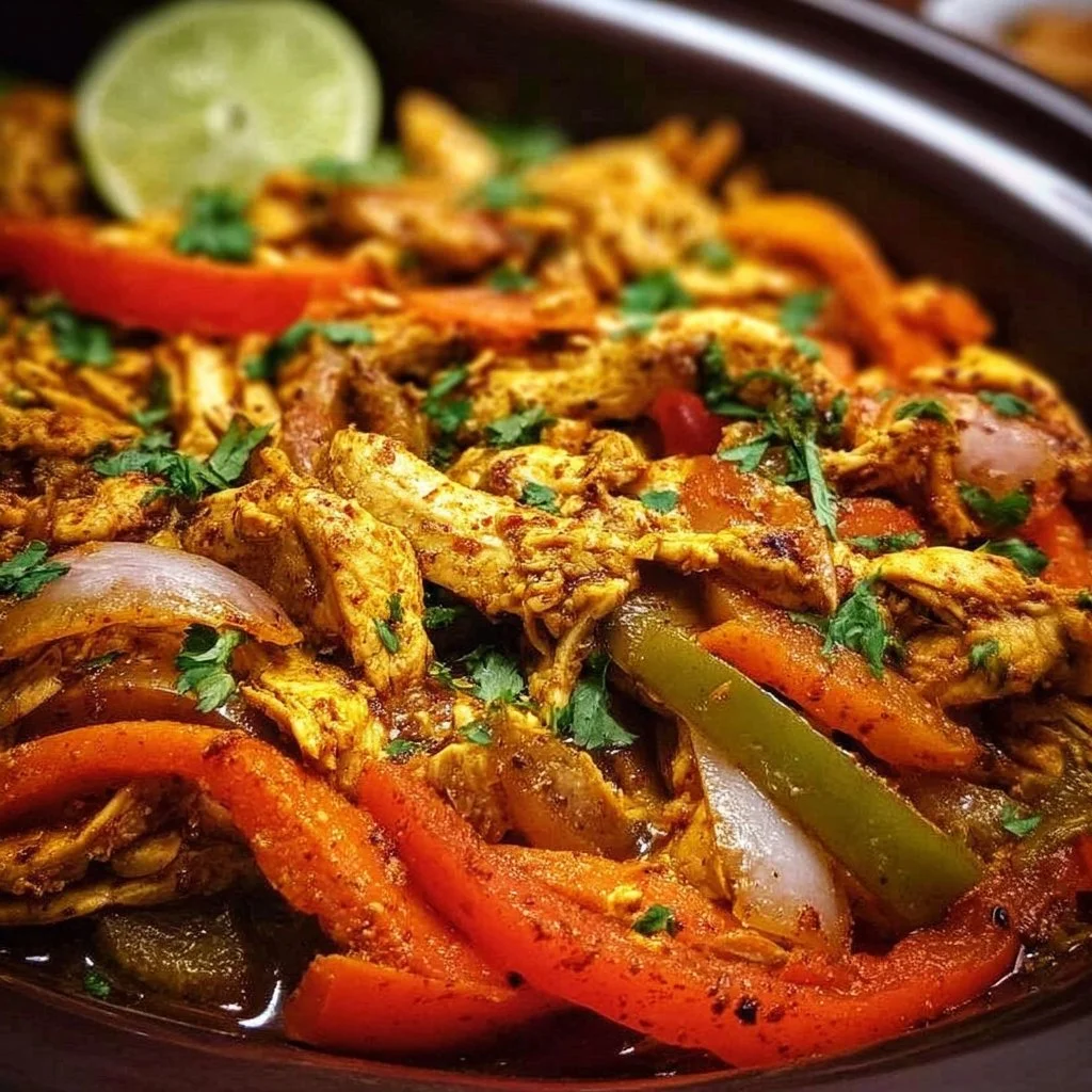Crockpot Chicken Fajitas with colorful peppers and onions in a slow cooker