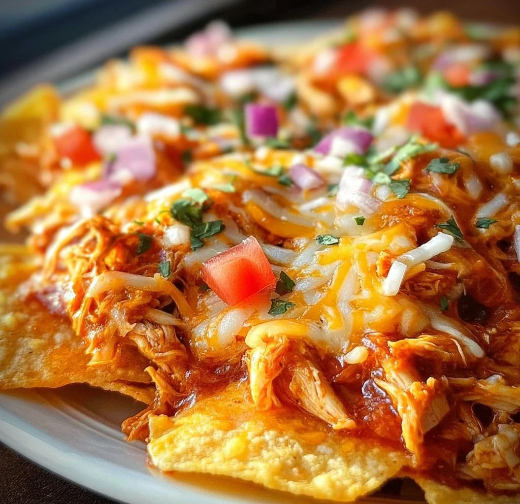 Delicious Crockpot Chicken Nachos topped with melted cheese and jalapeños