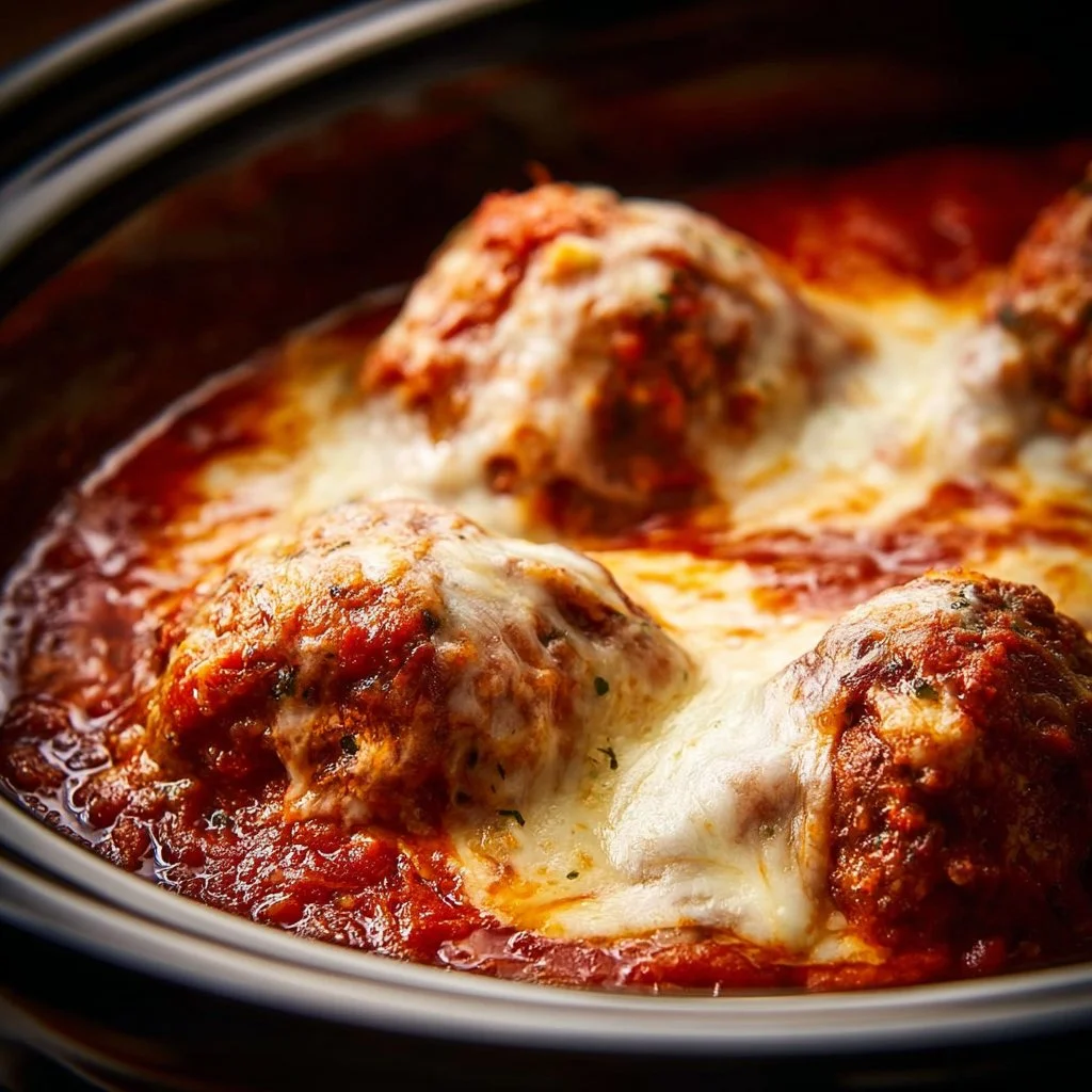 Crockpot Chicken Parmesan with melted cheese and marinara sauce on a plate