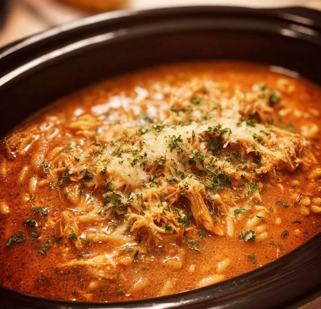 Crockpot Chicken Parmesan Soup served in a bowl with melted cheese and fresh herbs.