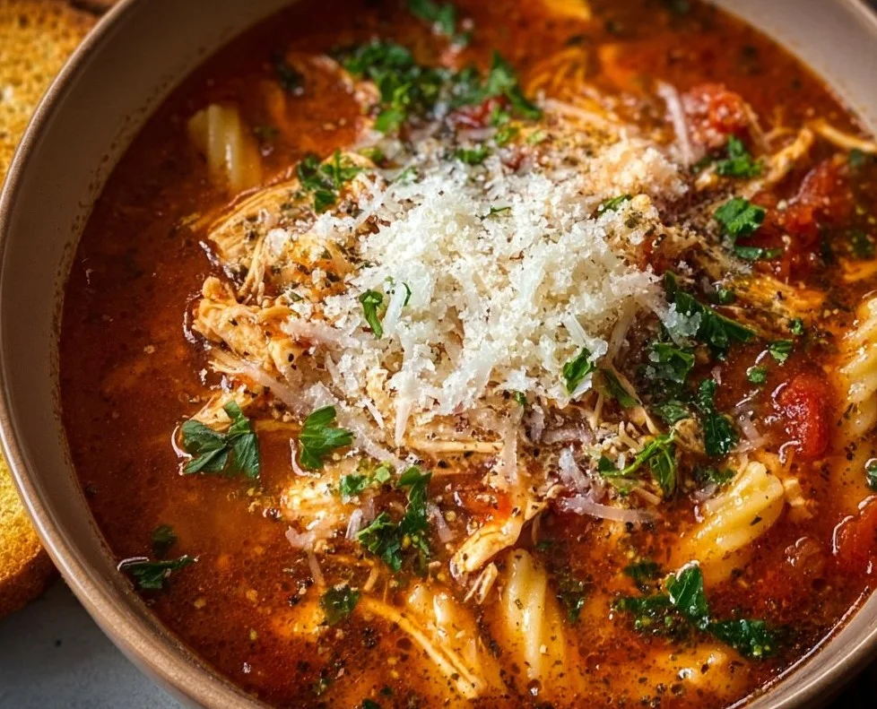 Delicious bowl of Crockpot Chicken Parmesan Soup with cheese and herbs