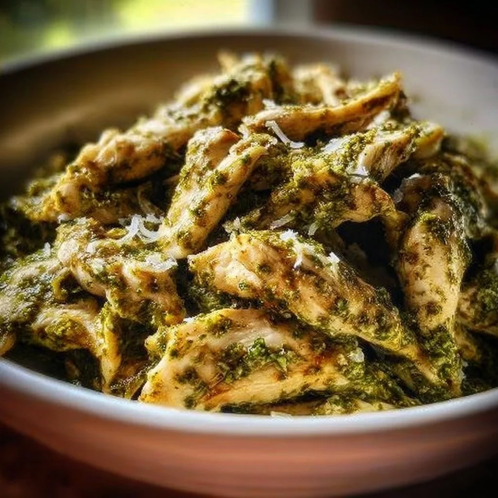 Crockpot Chicken Pesto with fresh basil and juicy chicken breasts