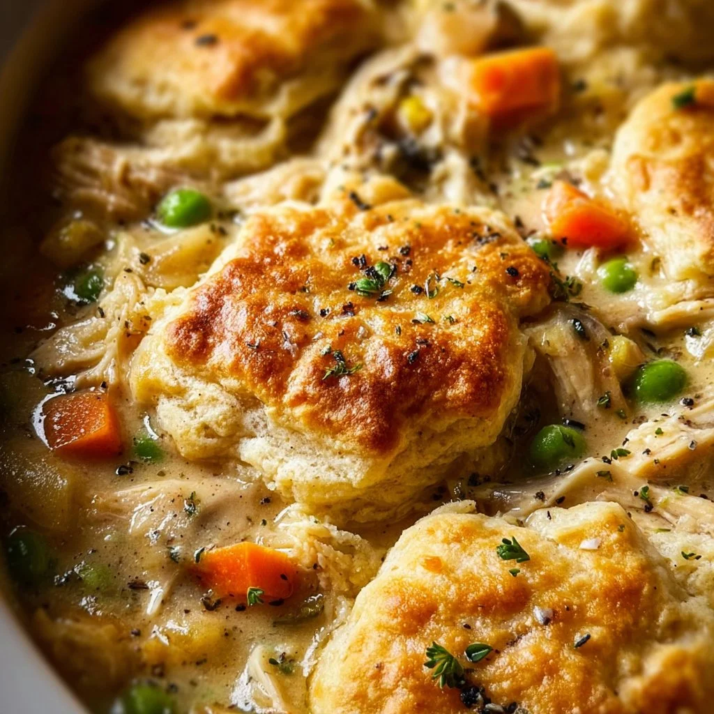 Delicious Crockpot Chicken Pot Pie Casserole served in a bowl with fresh herbs