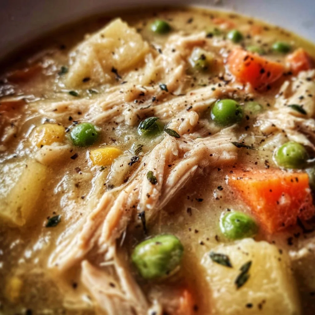 Crockpot chicken pot pie soup in a bowl topped with herbs