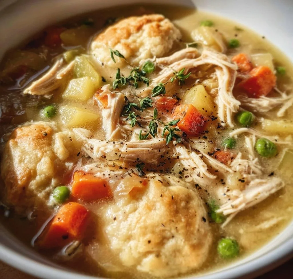 Bowl of Crockpot Chicken Pot Pie Soup with vegetables and chicken