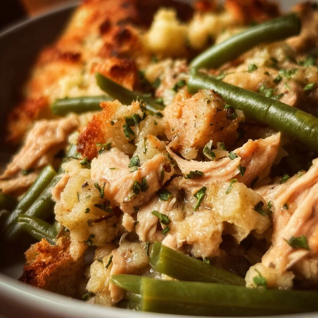 Crockpot Chicken with stuffing and green beans served in a bowl